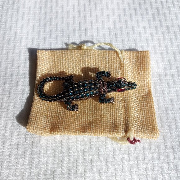Blue Rhinestone Alligator Crocodile Necklace Pendant Pin Broach - Picture 3 of 3